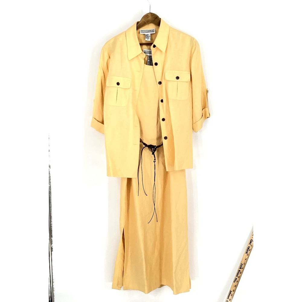 Jessica Howard Size 10 Blouse Dress Set With Belt Yellow Linen Rayon Blend Lined